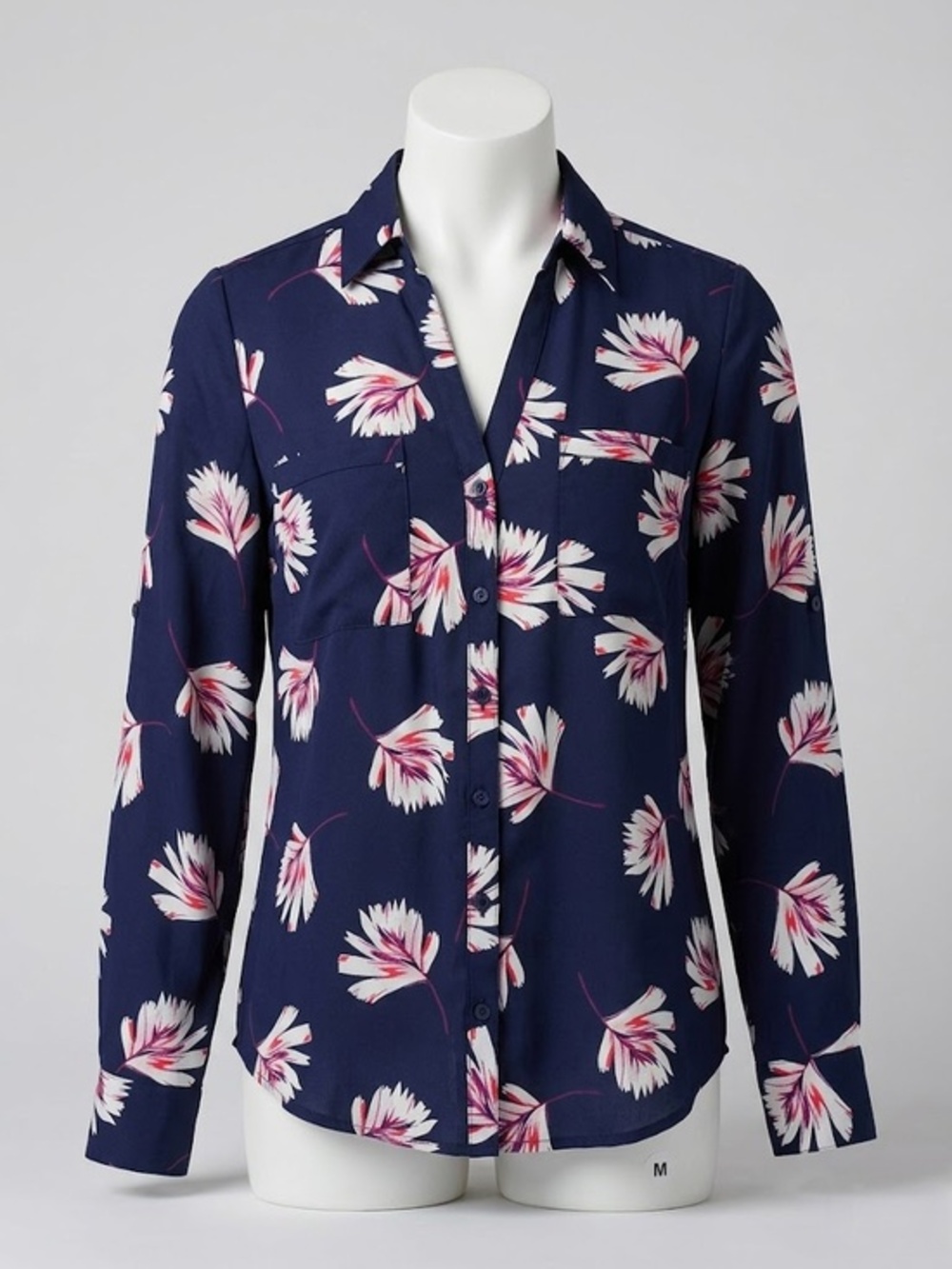 Express Portofino Floral Button Front Blouse Medium Navy Office Chic Top